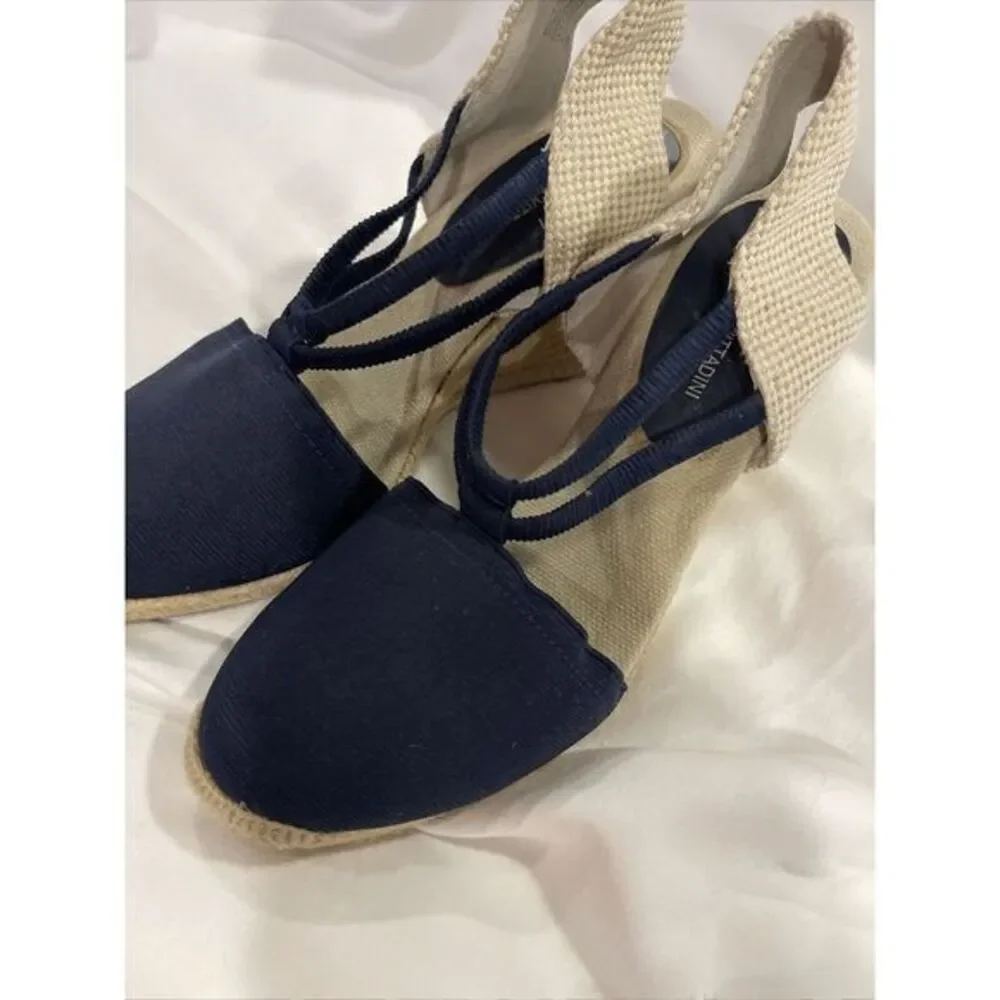 Adrienne Vittadini High Heeled‎ Espadrilles Wedges Navy Blue Stretch 9M